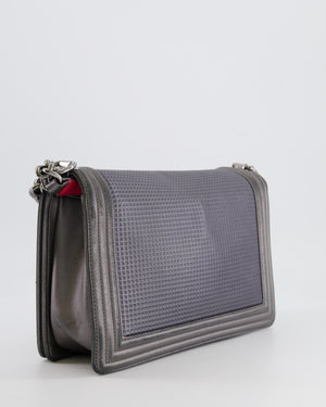 Chanel Grey Silver Medium Cube Calfskin Boy Bag with Silver, Gold and Red Hardware Hardware