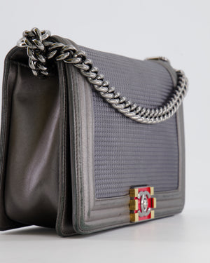 Chanel Grey Silver Medium Cube Calfskin Boy Bag with Silver, Gold and Red Hardware Hardware