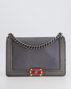 Chanel Grey Silver Medium Cube Calfskin Boy Bag with Silver, Gold and Red Hardware Hardware
