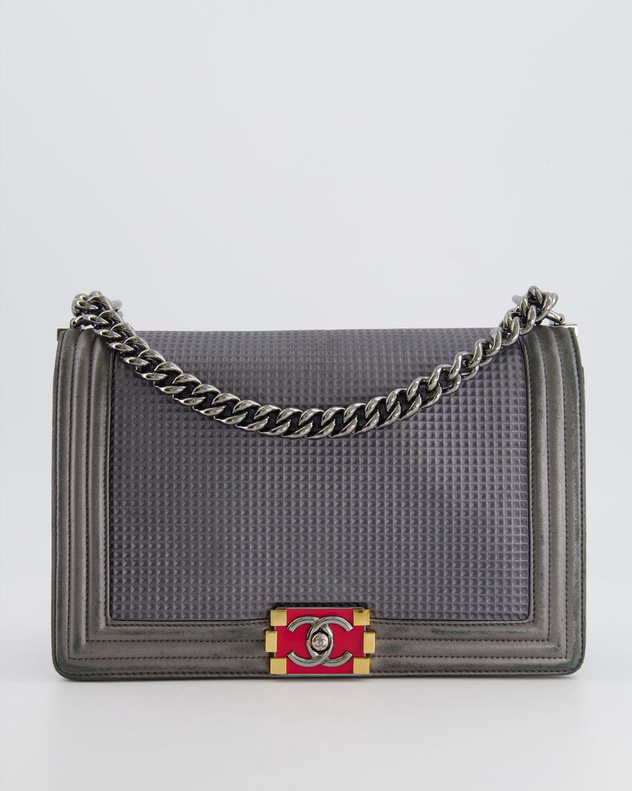 Chanel Grey Silver Medium Cube Calfskin Boy Bag with Silver, Gold and Red Hardware Hardware