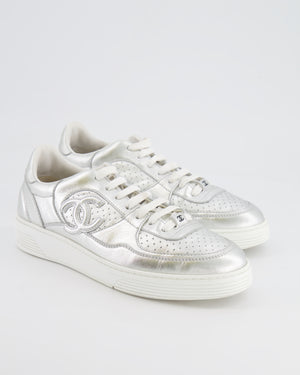 Chanel 24C Silver Metallic and White CC Logo Trainers Size EU 39