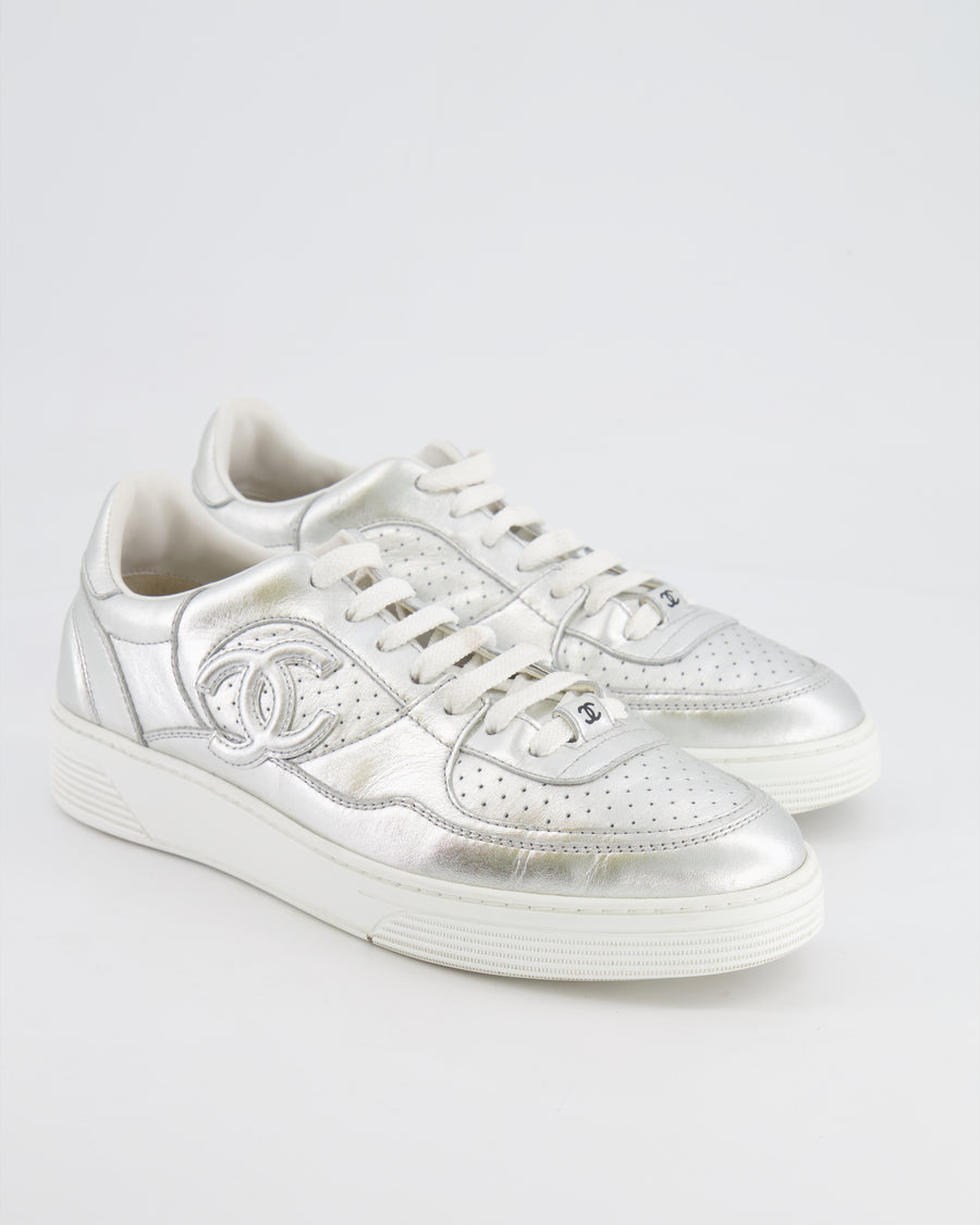 Chanel 24C Silver Metallic and White CC Logo Trainers Size EU 39