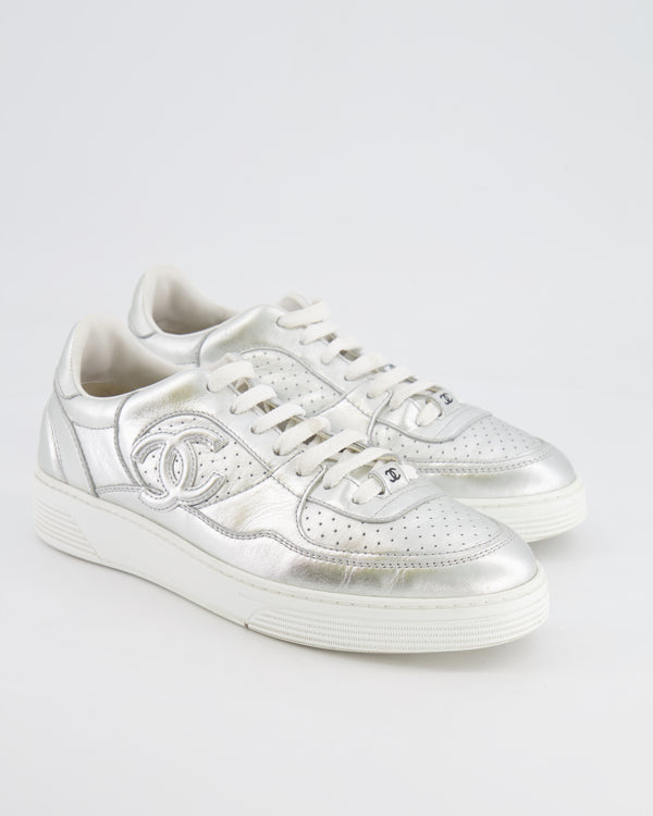 Chanel 24C Silver Metallic and White CC Logo Trainers Size EU 39