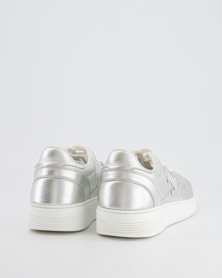 Chanel 24C Silver Metallic and White CC Logo Trainers Size EU 39