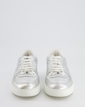 Chanel 24C Silver Metallic and White CC Logo Trainers Size EU 39