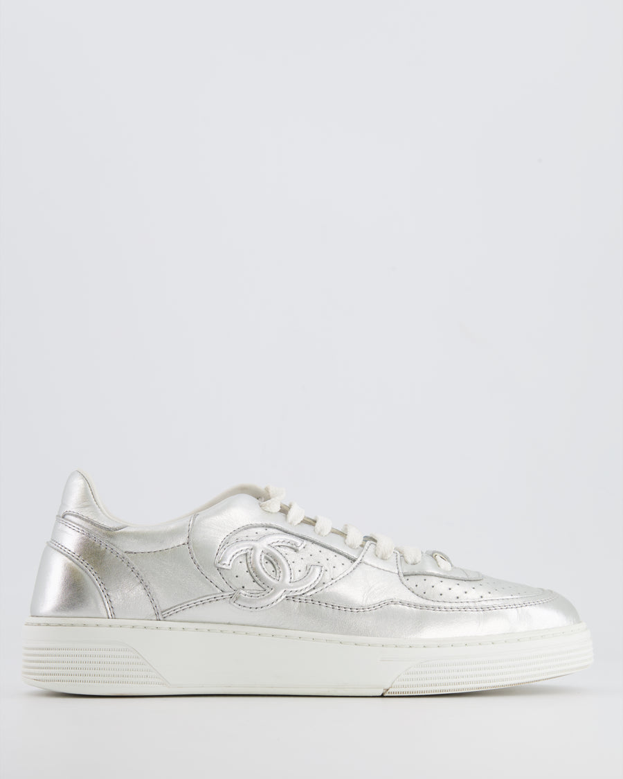 Chanel 24C Silver Metallic and White CC Logo Trainers Size EU 39