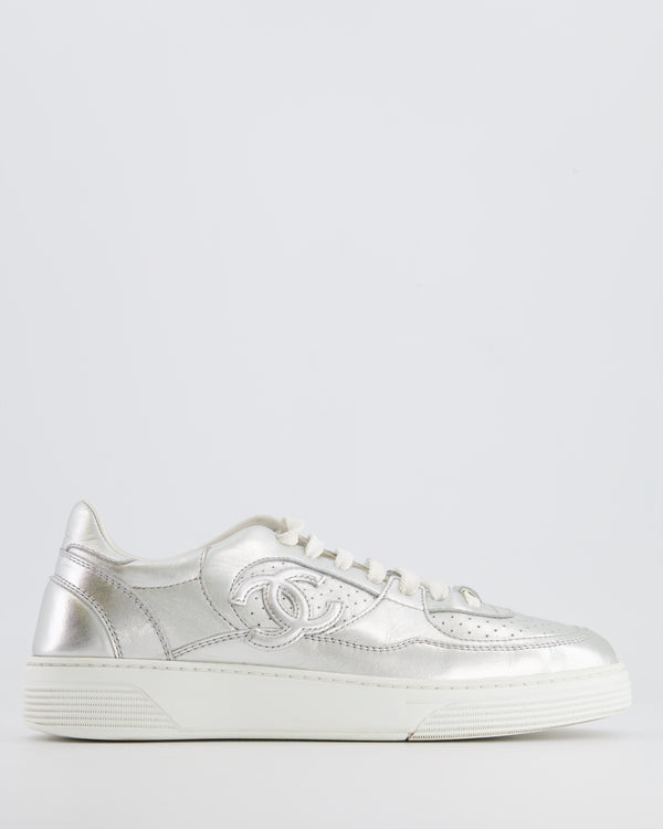 Chanel 24C Silver Metallic and White CC Logo Trainers Size EU 39