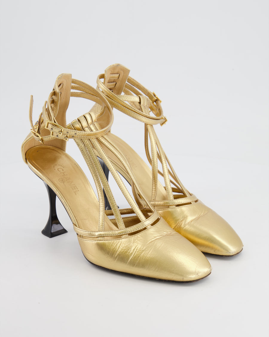 Chanel Gold Distressed Leather Caged Pumps with Black Heel Detail Size 38C