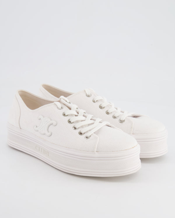 Céline White Jane Canvas Platform Trainers with White Triomphe Logo Detail Size EU 38