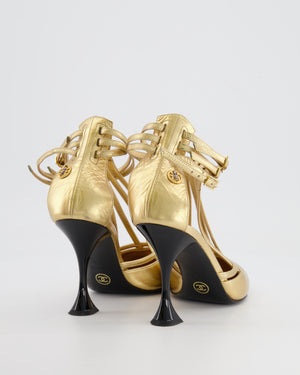 Chanel Gold Distressed Leather Caged Pumps with Black Heel Detail Size 38C