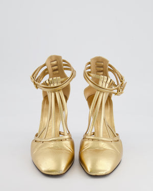 Chanel Gold Distressed Leather Caged Pumps with Black Heel Detail Size 38C