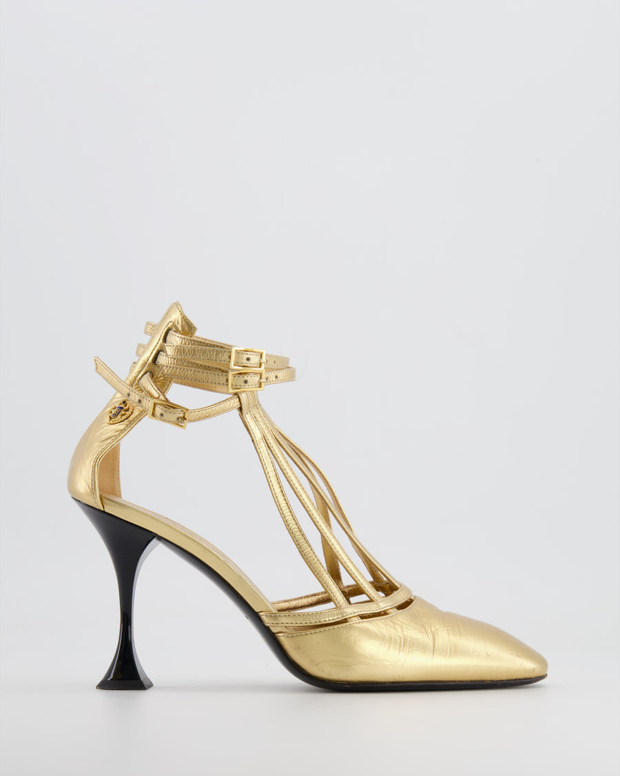 Chanel Gold Distressed Leather Caged Pumps with Black Heel Detail Size 38C