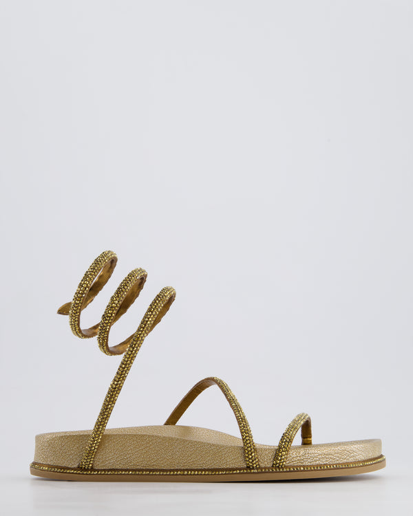 Rene Caovilla Gold Crystal Embellished Sandal with Ankle Strap Size EU 36.5