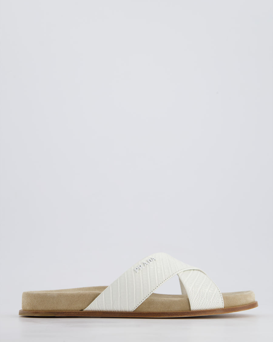 Prada White Embossed Leather Cross Over Detail Flat Sandals Size EU 36.5