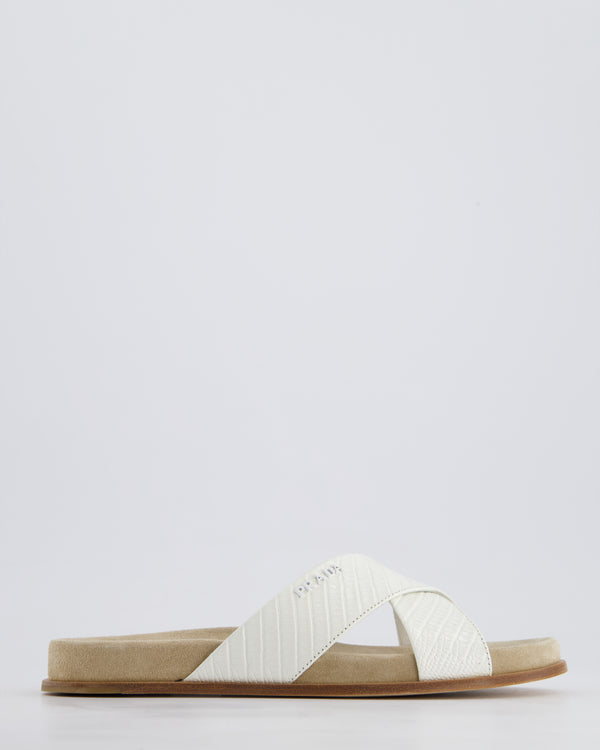 Prada White Embossed Leather Cross Over Detail Flat Sandals Size EU 36.5