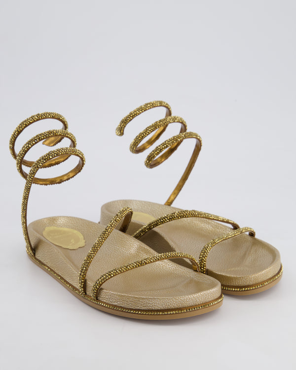 Rene Caovilla Gold Crystal Embellished Sandal with Ankle Strap Size EU 36.5