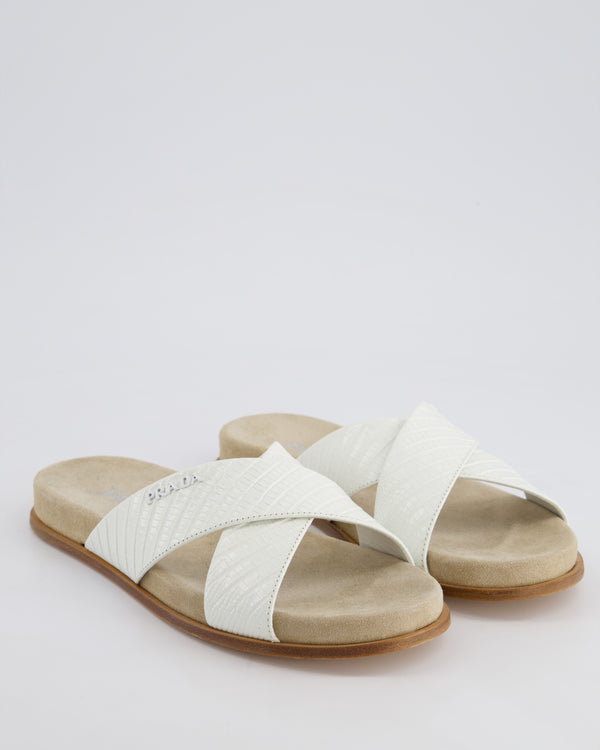 Prada White Embossed Leather Cross Over Detail Flat Sandals Size EU 36.5