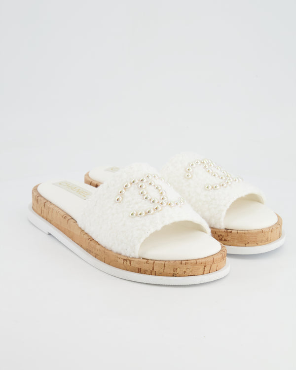 Chanel White Tweed Mules with Pearlescent CC Logo Size EU 40