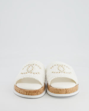 Chanel White Tweed Mules with Pearlescent CC Logo Size EU 40