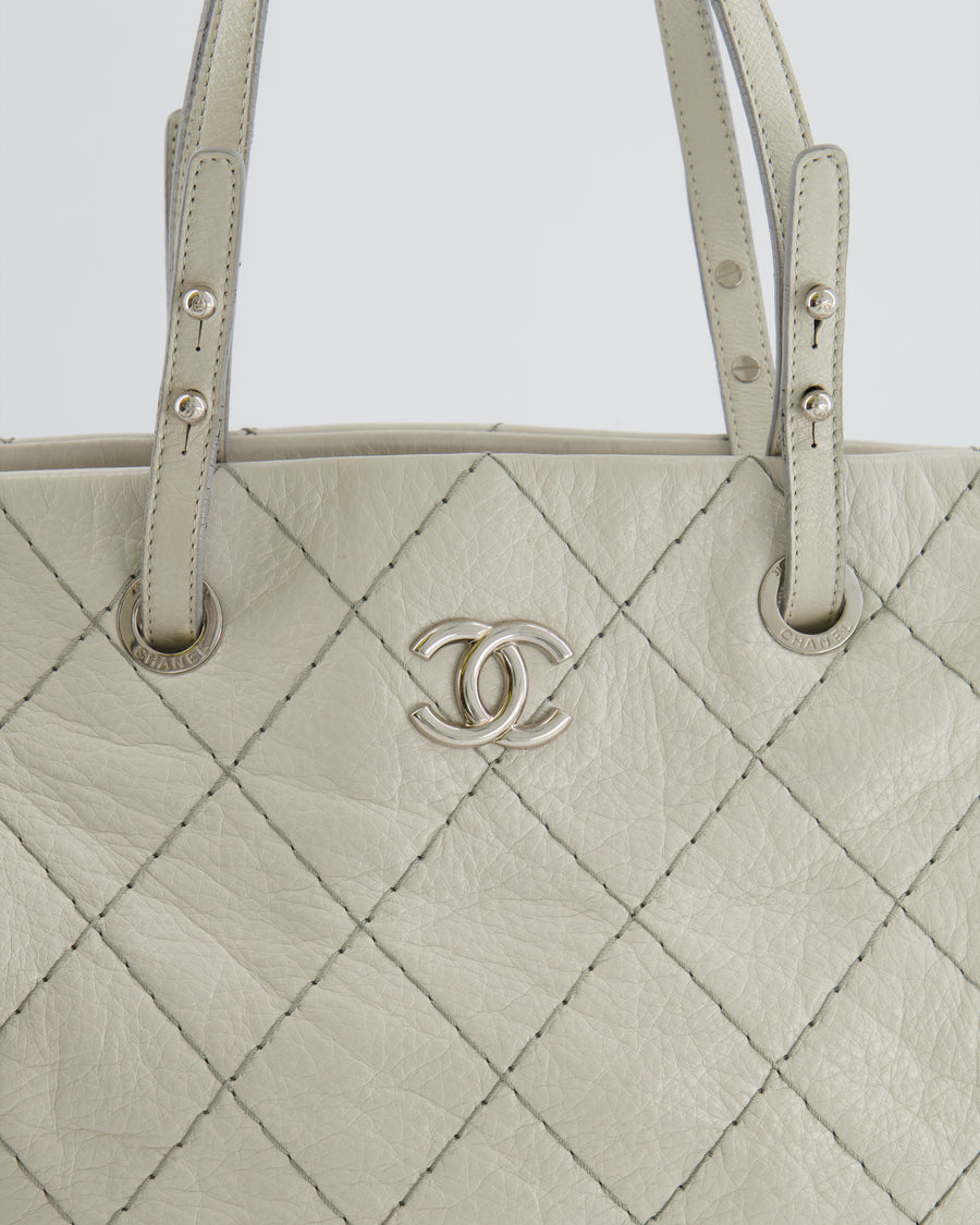 Chanel Light Grey Matelasse Leather Shoulder Tote Bag with Silver Hardware