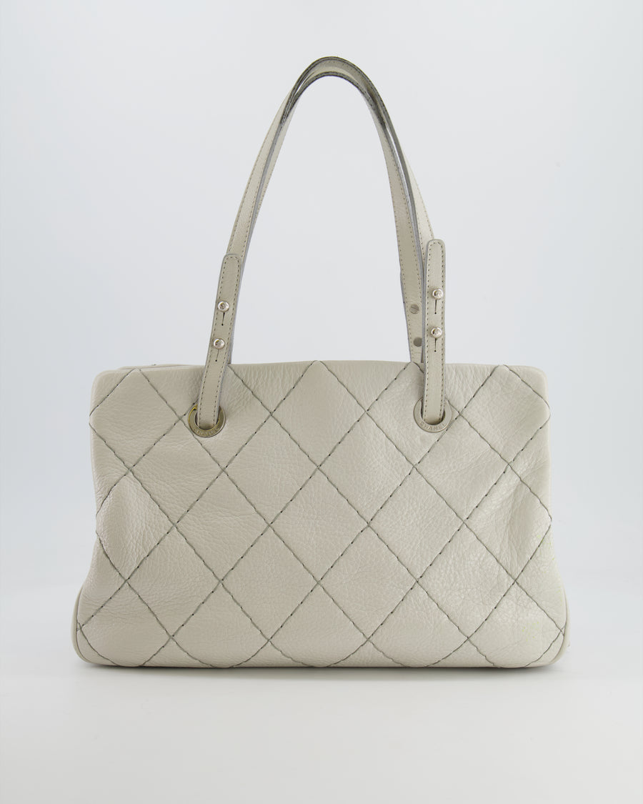 Chanel Light Grey Matelasse Leather Shoulder Tote Bag with Silver Hardware