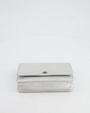 Chanel Silver Metallic Chevron Calfskin Leather Wallet on Chain Bag with Ruthenium Hardware