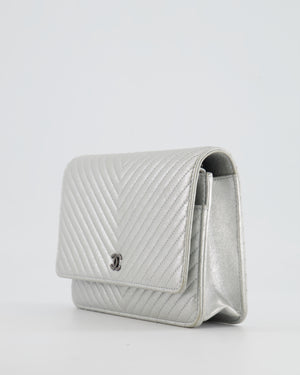 Chanel Silver Metallic Chevron Calfskin Leather Wallet on Chain Bag with Ruthenium Hardware