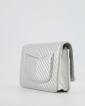 Chanel Silver Metallic Chevron Calfskin Leather Wallet on Chain Bag with Ruthenium Hardware