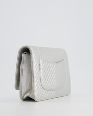 Chanel Silver Metallic Chevron Calfskin Leather Wallet on Chain Bag with Ruthenium Hardware