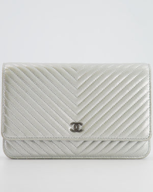 Chanel Silver Metallic Chevron Calfskin Leather Wallet on Chain Bag with Ruthenium Hardware