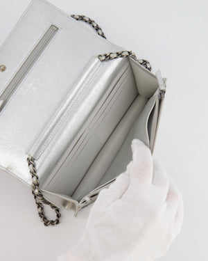 Chanel Silver Metallic Chevron Calfskin Leather Wallet on Chain Bag with Ruthenium Hardware