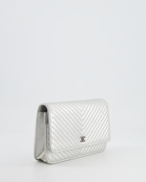 Chanel Silver Metallic Chevron Calfskin Leather Wallet on Chain Bag with Ruthenium Hardware