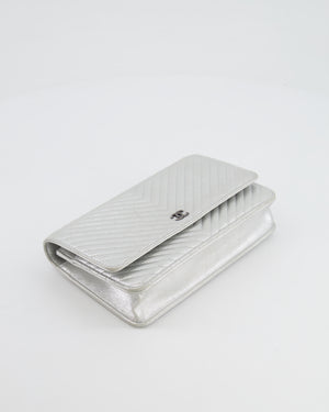 Chanel Silver Metallic Chevron Calfskin Leather Wallet on Chain Bag with Ruthenium Hardware