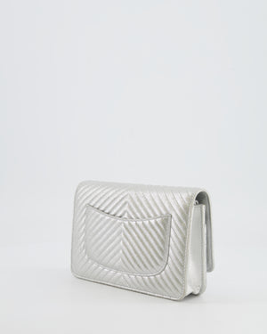 Chanel Silver Metallic Chevron Calfskin Leather Wallet on Chain Bag with Ruthenium Hardware