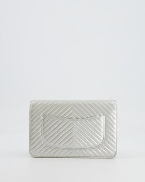 Chanel Silver Metallic Chevron Calfskin Leather Wallet on Chain Bag with Ruthenium Hardware