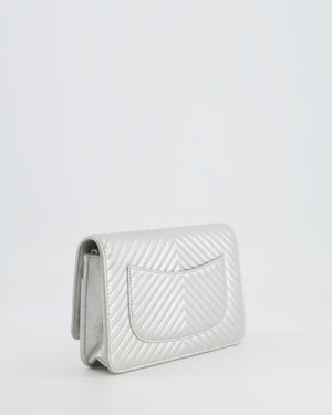 Chanel Silver Metallic Chevron Calfskin Leather Wallet on Chain Bag with Ruthenium Hardware