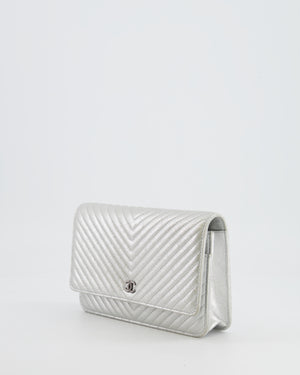 Chanel Silver Metallic Chevron Calfskin Leather Wallet on Chain Bag with Ruthenium Hardware