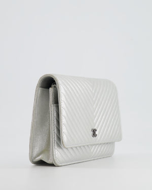 Chanel Silver Metallic Chevron Calfskin Leather Wallet on Chain Bag with Ruthenium Hardware