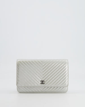 Chanel Silver Metallic Chevron Calfskin Leather Wallet on Chain Bag with Ruthenium Hardware