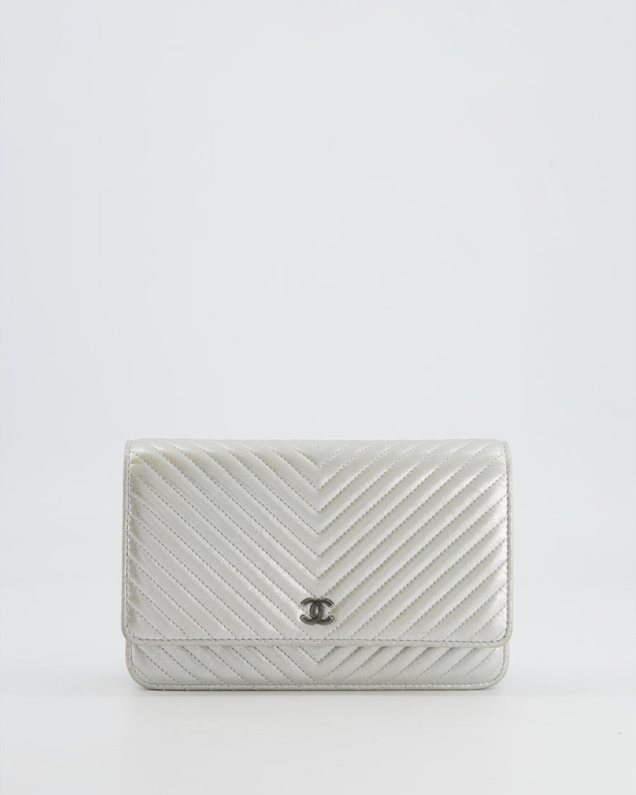 Chanel Silver Metallic Chevron Calfskin Leather Wallet on Chain Bag with Ruthenium Hardware