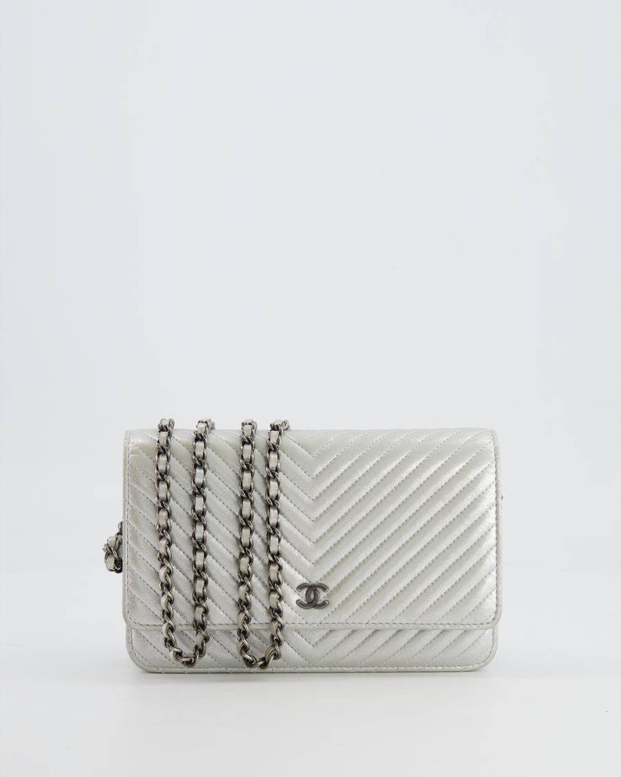 Chanel Silver Metallic Chevron Calfskin Leather Wallet on Chain Bag with Ruthenium Hardware