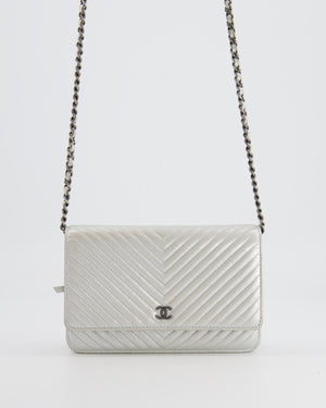 Chanel Silver Metallic Chevron Calfskin Leather Wallet on Chain Bag with Ruthenium Hardware