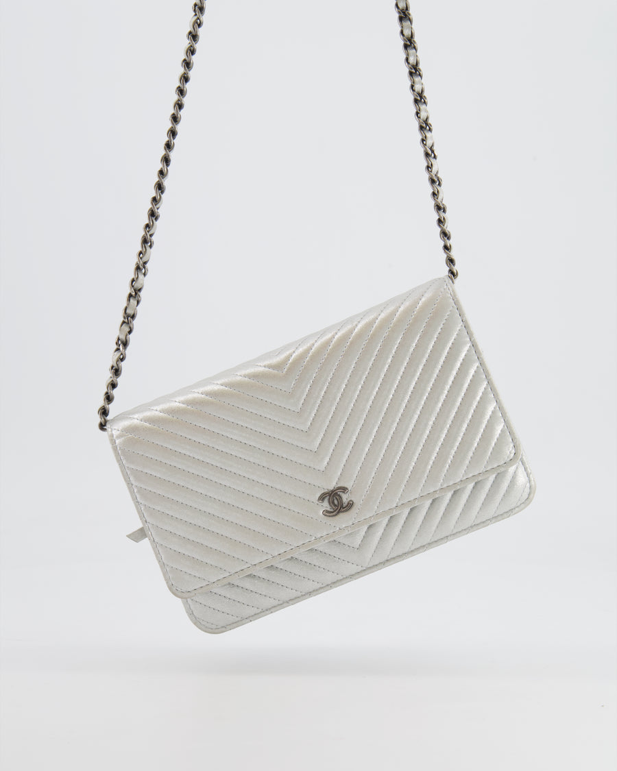 Chanel Silver Metallic Chevron Calfskin Leather Wallet on Chain Bag with Ruthenium Hardware