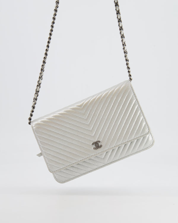 Chanel Silver Metallic Chevron Calfskin Leather Wallet on Chain Bag with Ruthenium Hardware