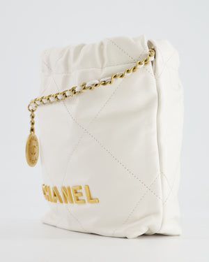 *HOT* Chanel Mini 22 Bag in White Calfskin Leather with Brushed Gold Hardware