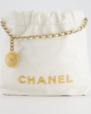 *HOT* Chanel Mini 22 Bag in White Calfskin Leather with Brushed Gold Hardware