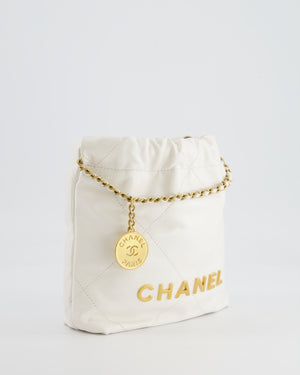 *HOT* Chanel Mini 22 Bag in White Calfskin Leather with Brushed Gold Hardware