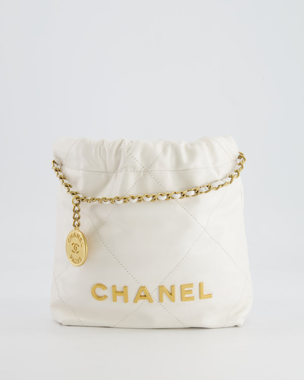 *HOT* Chanel Mini 22 Bag in White Calfskin Leather with Brushed Gold Hardware