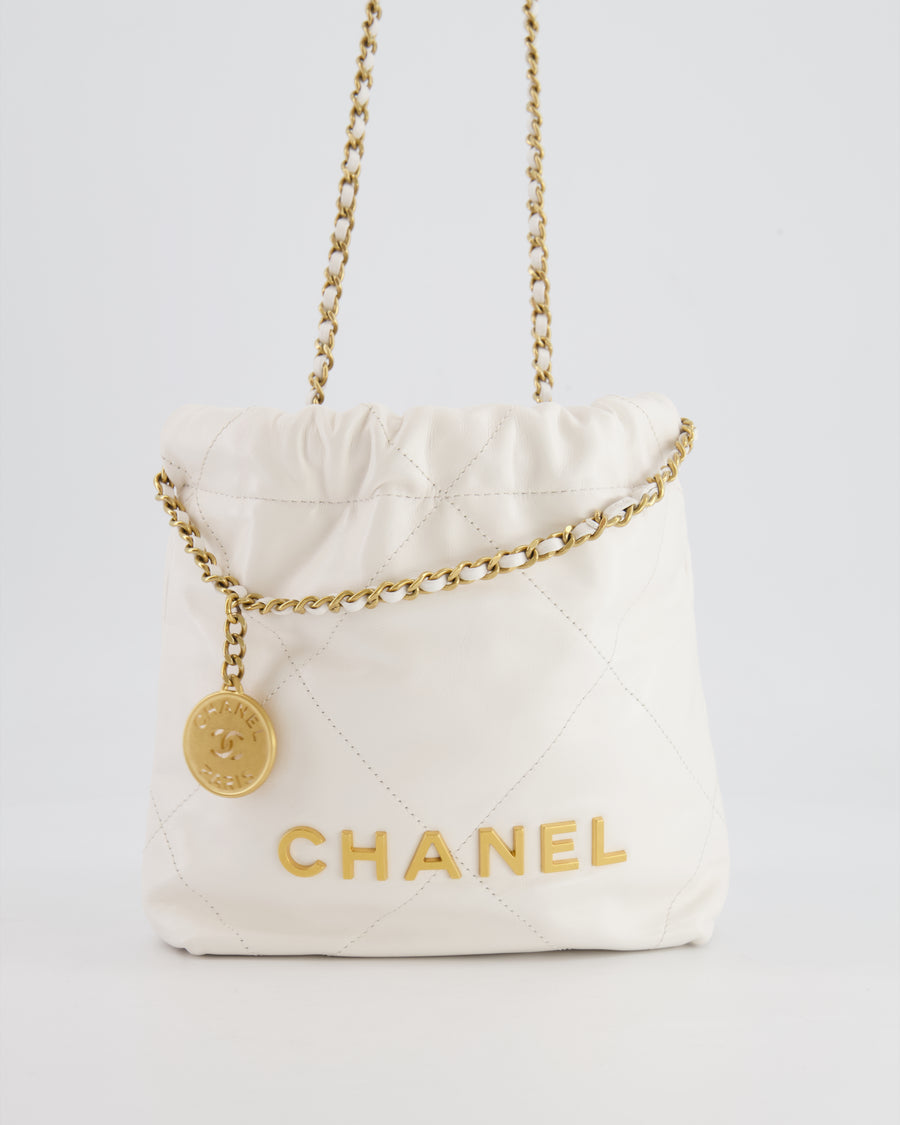*HOT* Chanel Mini 22 Bag in White Calfskin Leather with Brushed Gold Hardware