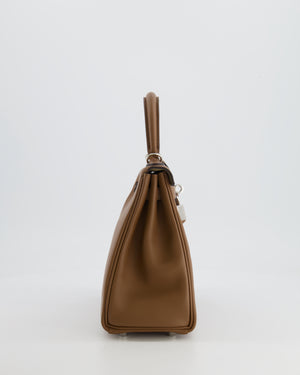 Hermès Kelly 25cm Retourne Verso Bag in Biscuit Swift Leather with Gris Tourterelle Interior and Palladium Hardware